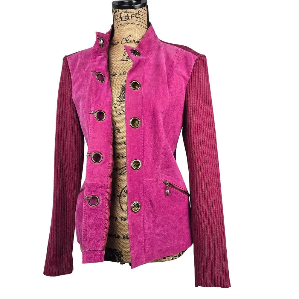 Y2K Sexy A.M.I. Pink Suede Knit Jacket Women's M Leather Accents Moto Style